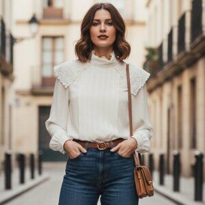 Vintage Laura Jayne Cream Blouse Beaded Lace Pleated Mock Neck Secretary Top 8